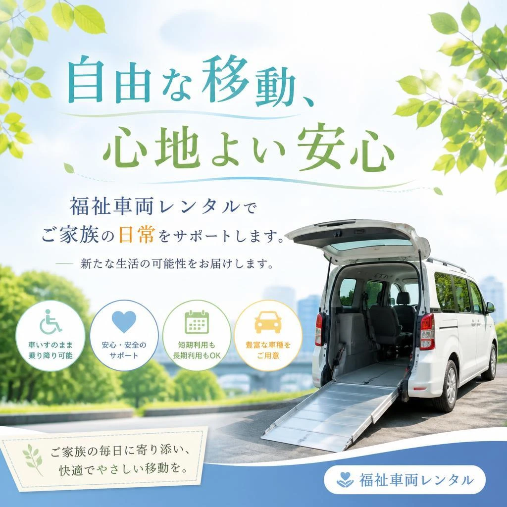 自由な移動、心地よい安心<br />
福祉車両レンタルでご家族の日常をサポートします。新たな生活の可能性をお届けします。